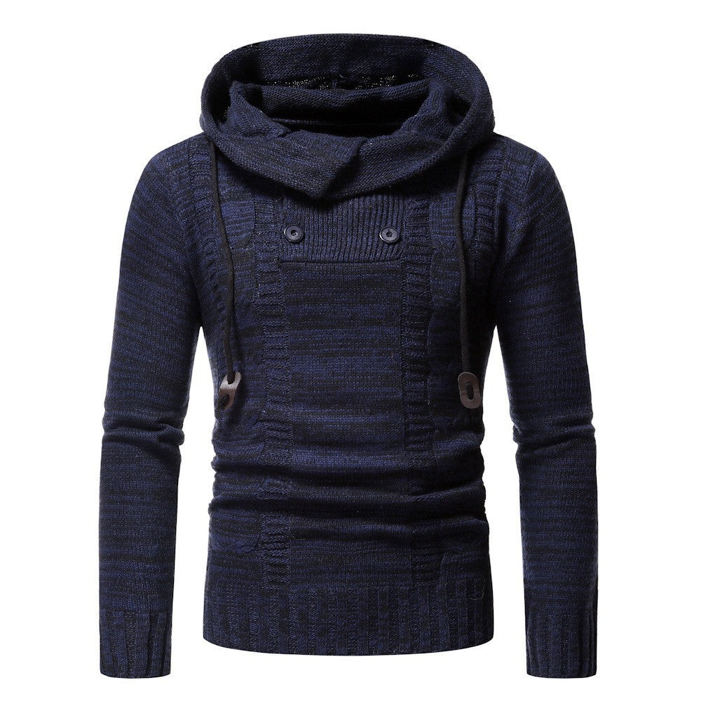 Men's stylish knitted sweater with cozy hood collar and decorative button details Skorter