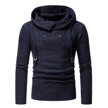 Men's stylish knitted sweater with cozy hood collar and decorative button details Skorter