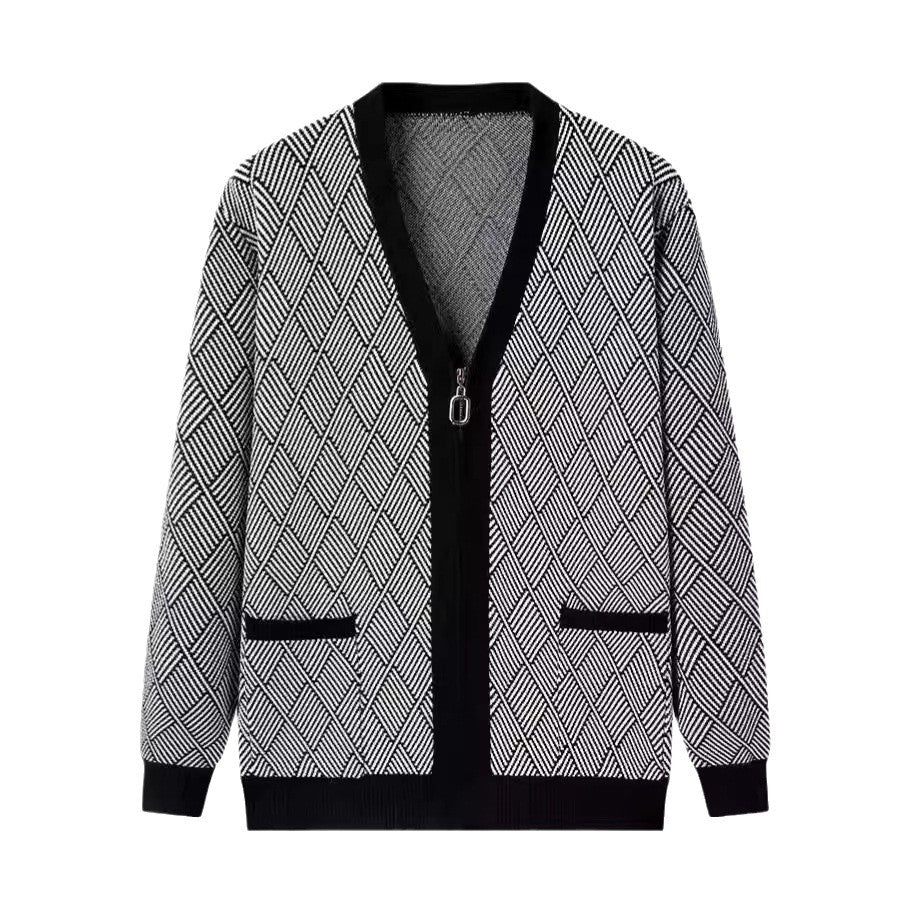 Men's cardigan with modern diamond pattern and high collar Skorter