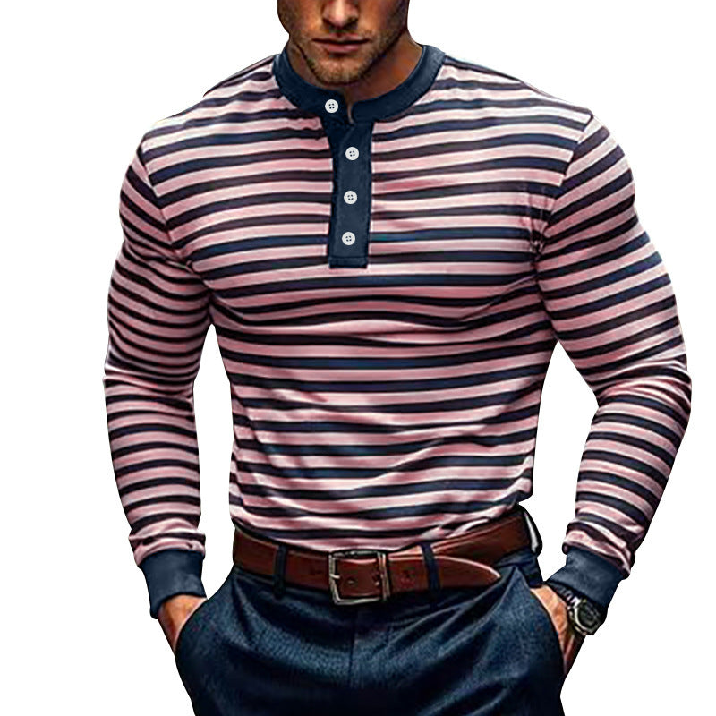 Men's Long Sleeve Shirt with Textured Striped Pattern and Sporty Collar Skorter