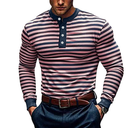 Men's Long Sleeve Shirt with Textured Striped Pattern and Sporty Collar Skorter