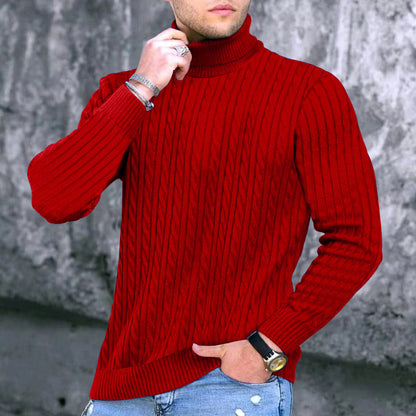 Men's Elegant Knit Sweater with Stand-Up Collar and Fine Cable Knit Pattern Skorter
