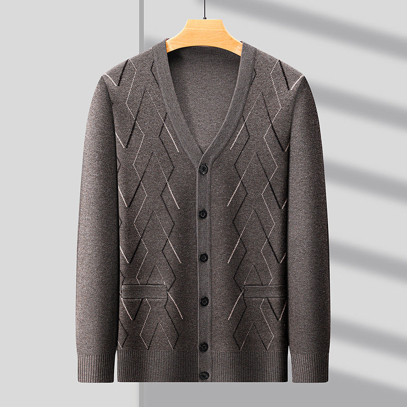 Men's Cardigan with Deep V-Neck and Elegant Diamond Pattern Skorter