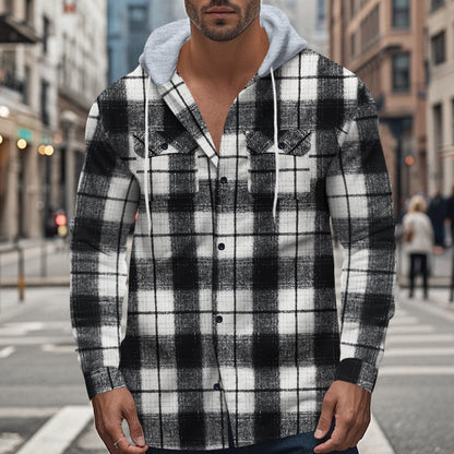 Men's Long Sleeve Shirt with Hoodie and Check Pattern Skorter