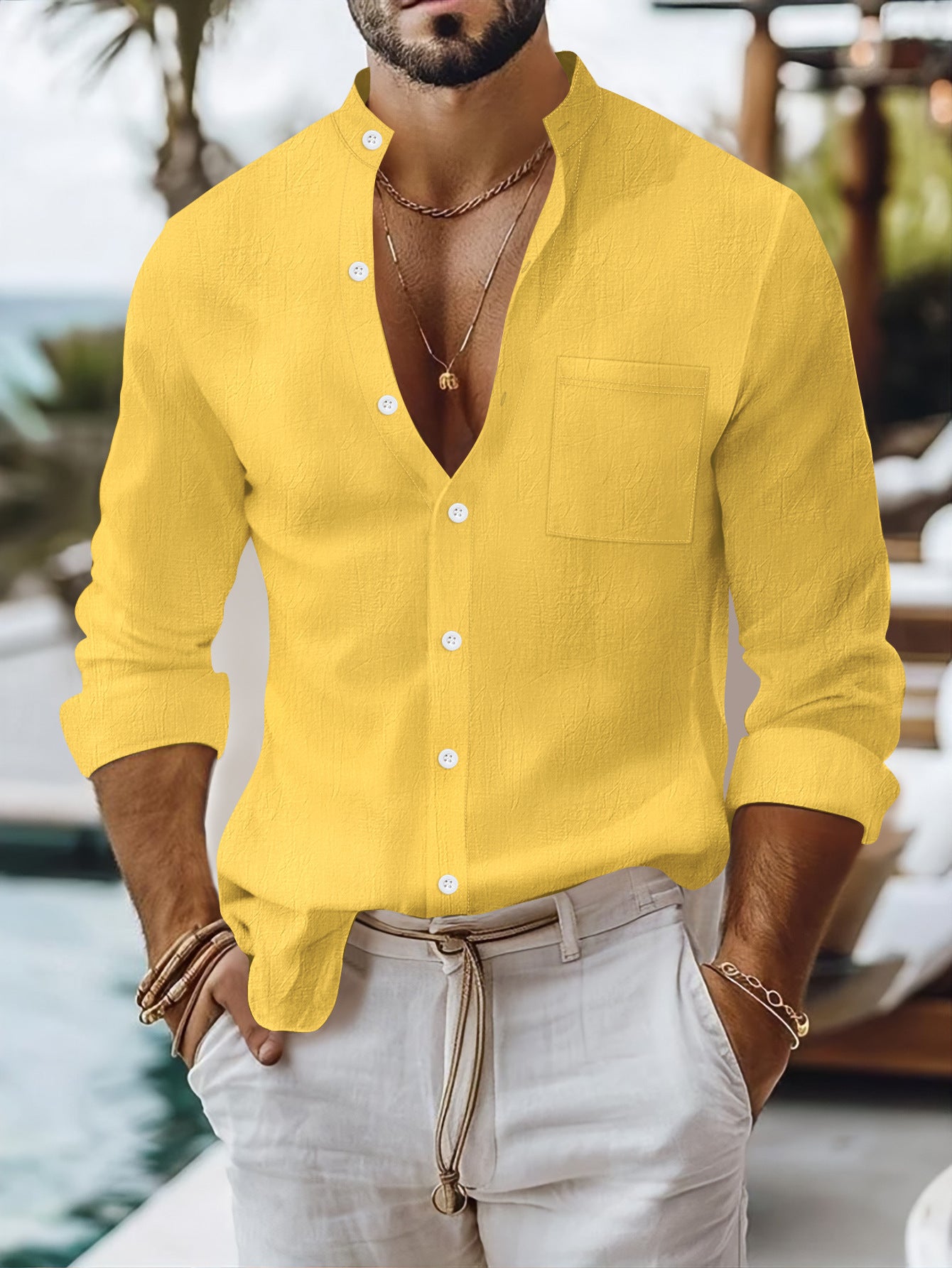 Men's summer long-sleeve shirt with a modern stand-up collar and practical breast pocket Skorter
