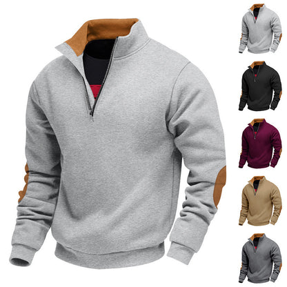 Men's Sporty Stand Collar Sweater with Zipper and Leather Accents Skorter