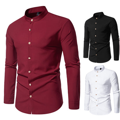Men's long-sleeved shirt with modern standing collar and elegant button details Skorter