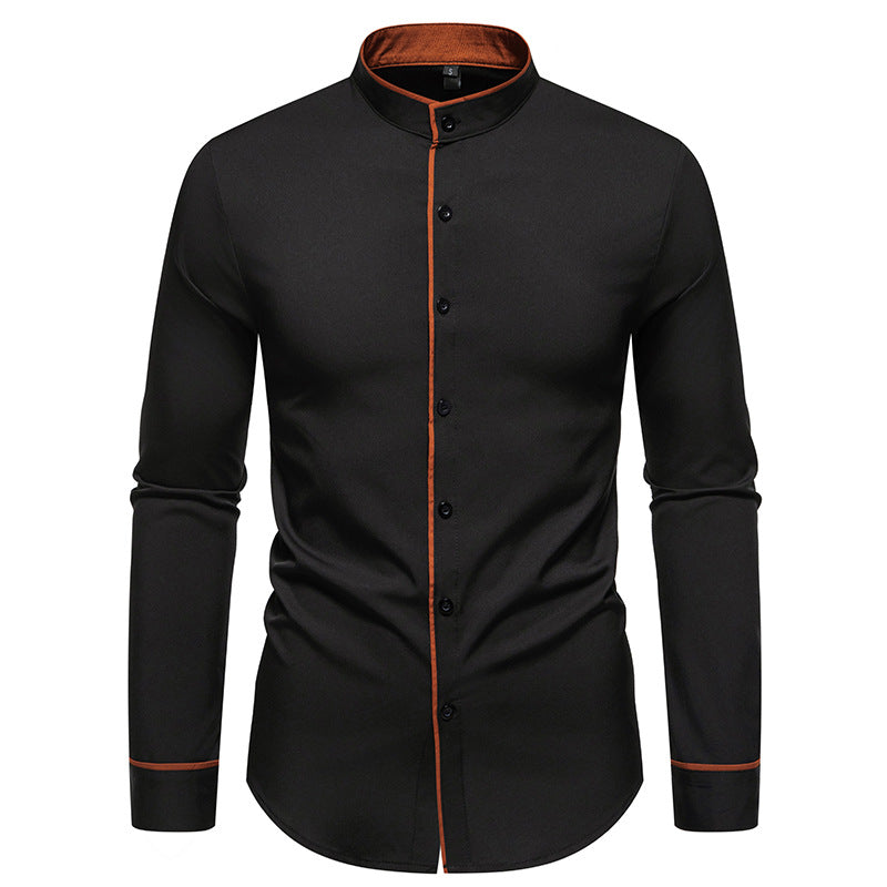 Men's long sleeve shirt with modern stand-up collar and embroidered detail Skorter