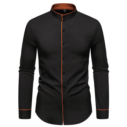 Men's long sleeve shirt with modern stand-up collar and embroidered detail Skorter