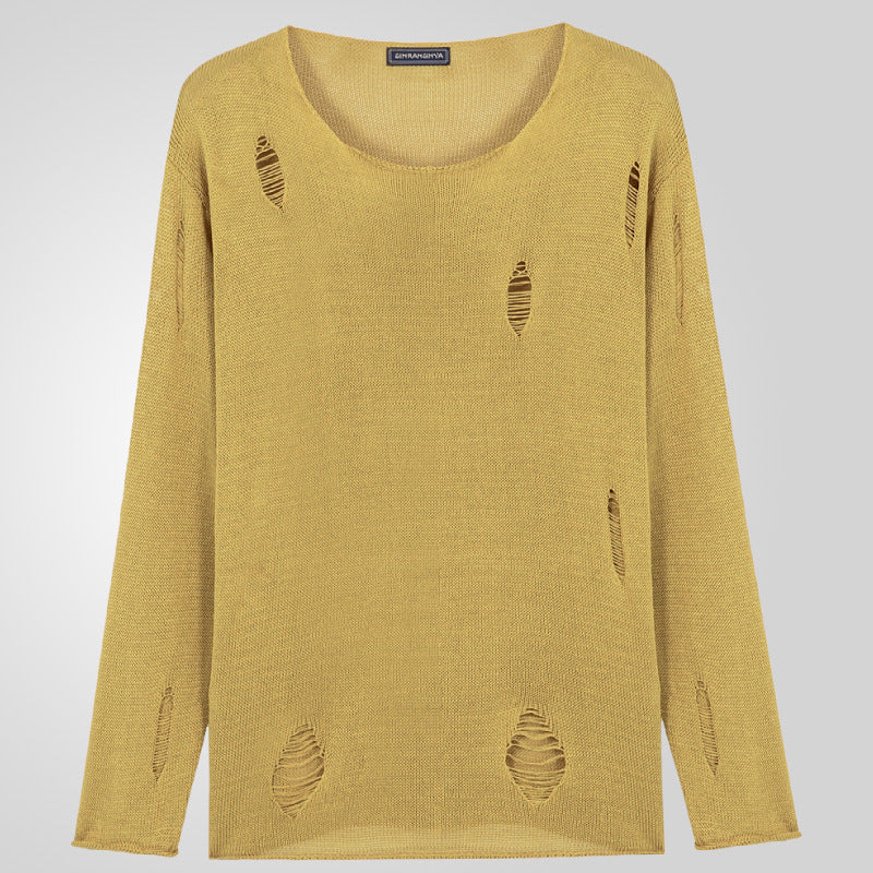 Men's Stylish Round Neck Sweater with Frayed Details Skorter