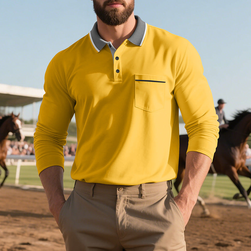 Men's stylish long sleeve polo shirt with textured surface and practical chest pocket Skorter