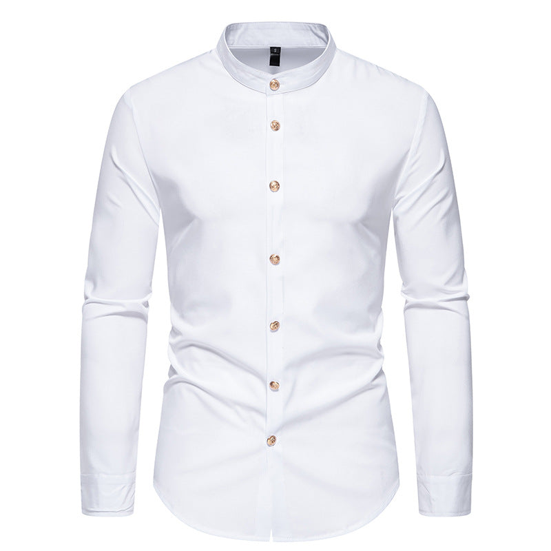 Men's long-sleeved shirt with modern standing collar and elegant button details Skorter