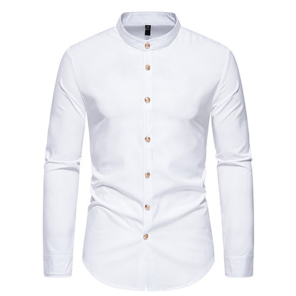 Men's long-sleeved shirt with modern standing collar and elegant button details Skorter