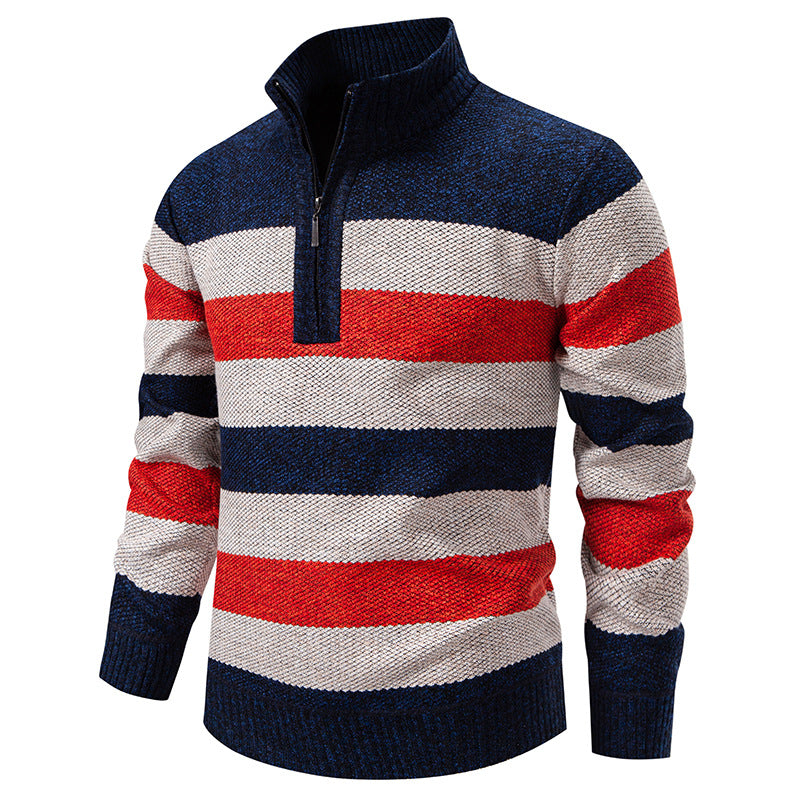 Men's stylish knit sweater with a half-high collar and contrasting stripes Skorter