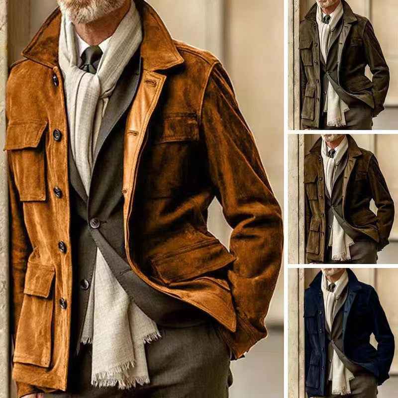 Men's Suede Utility Jacket with Practical Pockets and Modern Cut Skorter