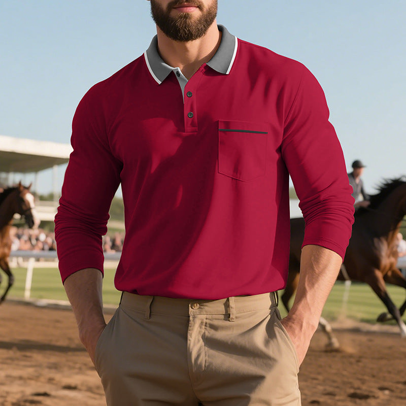 Men's stylish long sleeve polo shirt with textured surface and practical chest pocket Skorter