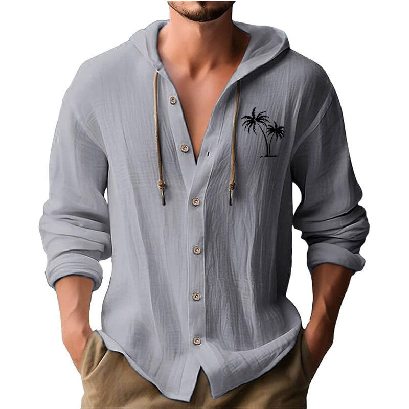 Men's casual hoodie shirt with decorative palm print and button placket Skorter