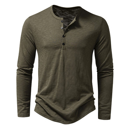 Men's Long Sleeve T-Shirt with Button Placket and Fashionable Stand-up Collar Skorter