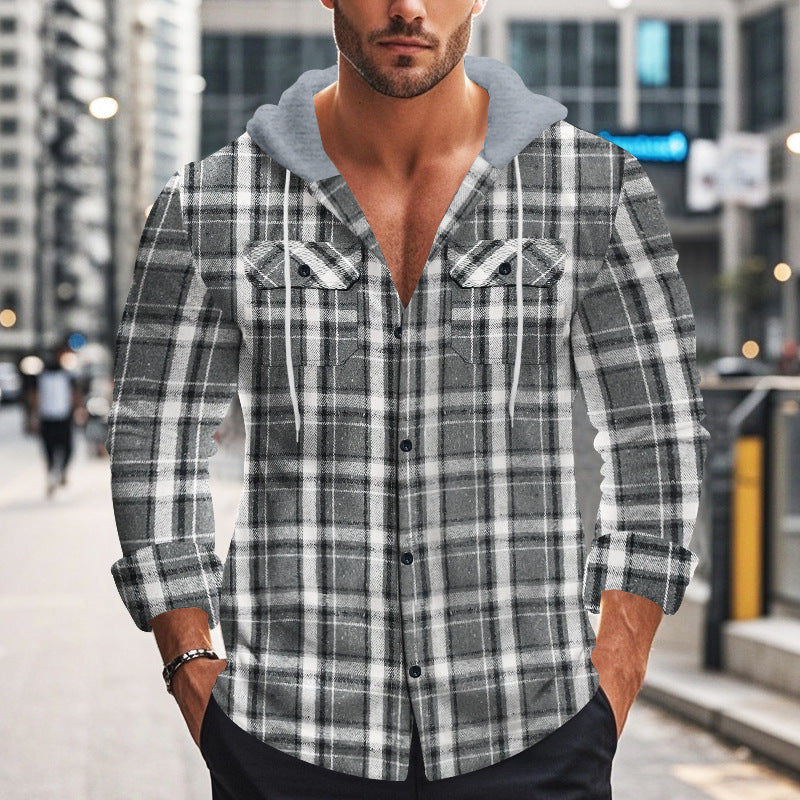 Men's Long Sleeve Shirt with Hoodie and Check Pattern Skorter