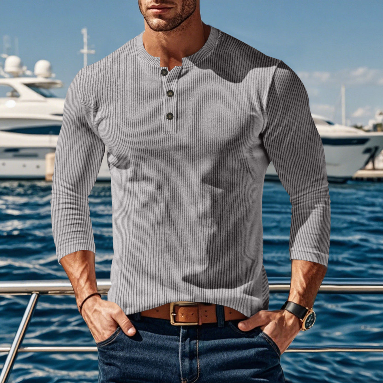 Men's long sleeve shirt with comfortable button placket and textured design Skorter