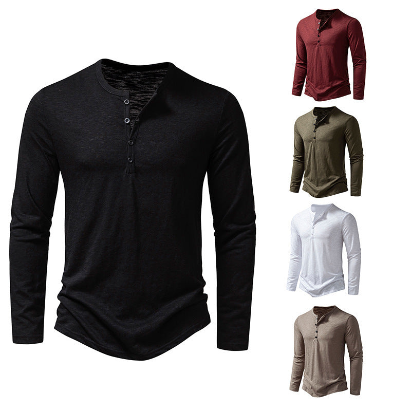 Men's Long Sleeve T-Shirt with Button Placket and Fashionable Stand-up Collar Skorter