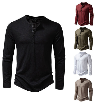 Men's Long Sleeve T-Shirt with Button Placket and Fashionable Stand-up Collar Skorter