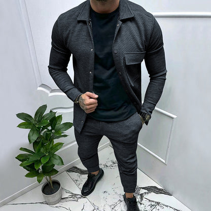 Men's trendy casual jogging suit set with elastic waistband and textured design Skorter
