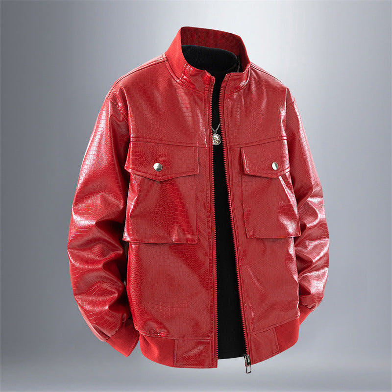 Men's Biker Jacket Made Of Faux Leather with Crocodile Embossing Skorter