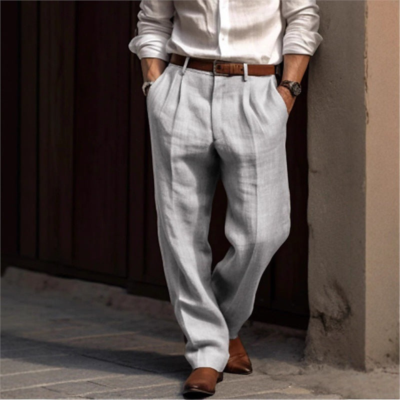 Men's elegant linen trousers with a relaxed fit and practical pockets Skorter