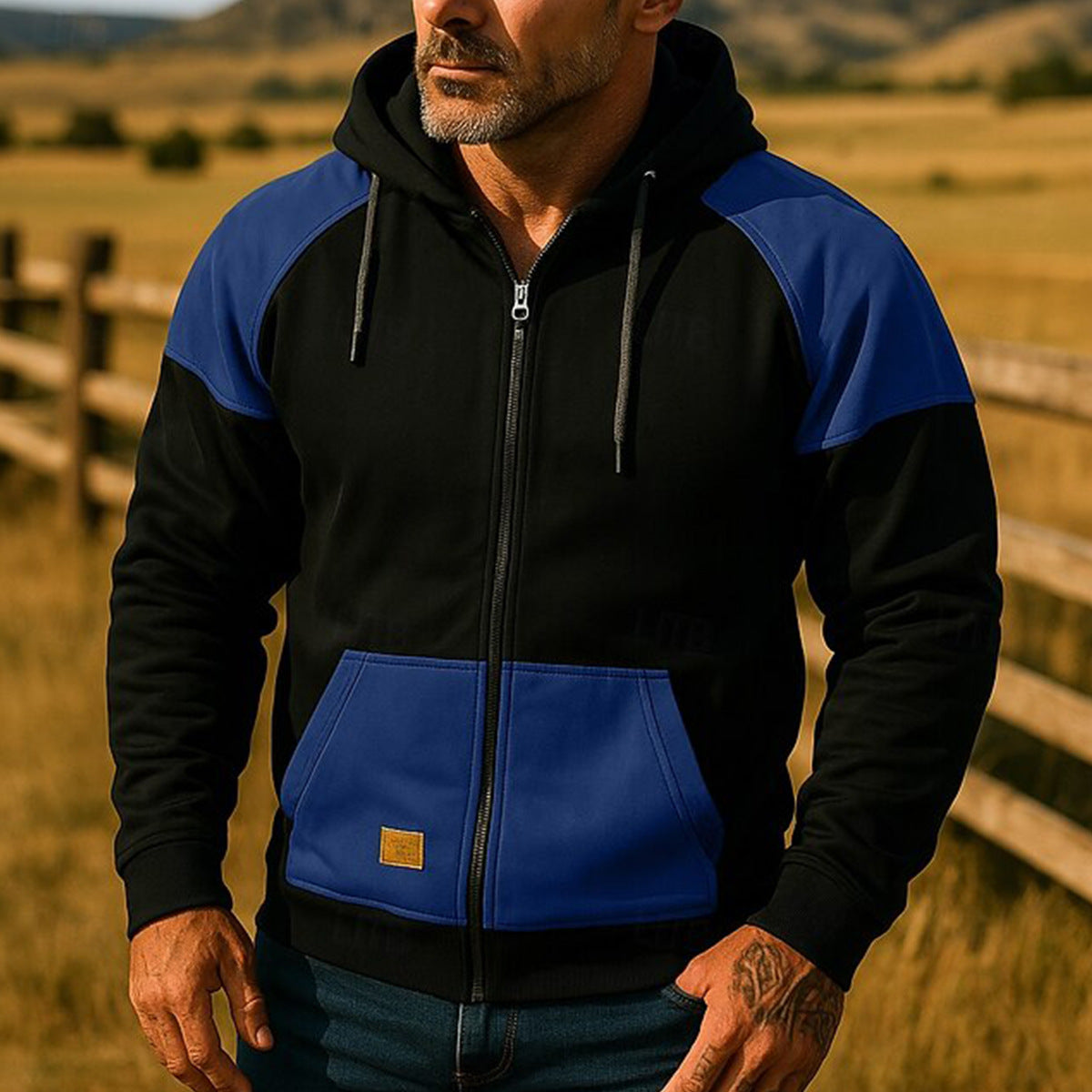 Herr sportjacka med huva och färgblocksdesign, skorter