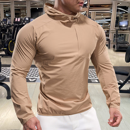 Andningsbar herrträningstopp med huva och dragkedja i fickan Skorter