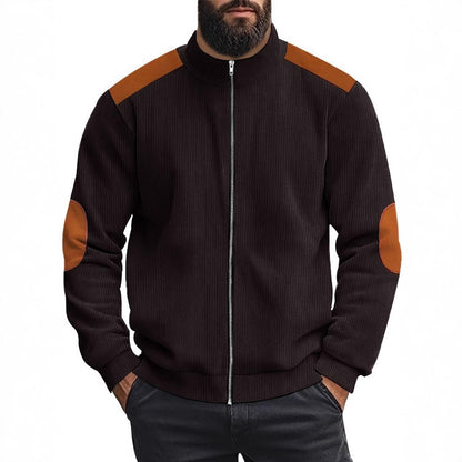 Men's cardigan with modern leather accents and high closed collar Skorter