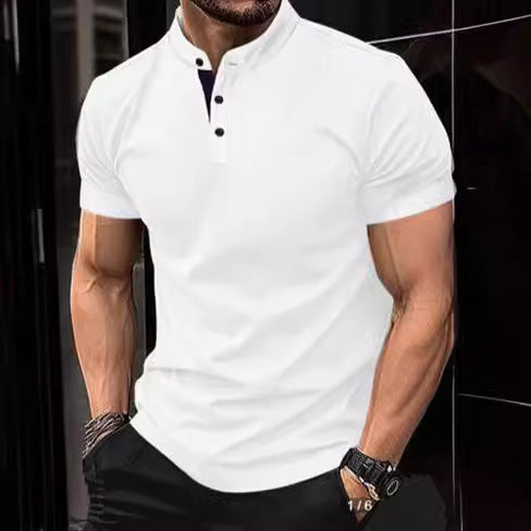 Men's stylish short-sleeve shirt with modern stand-up collar and decorative buttons Skorter