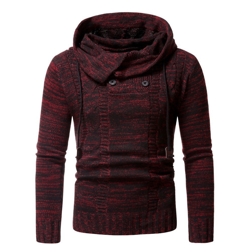 Men's stylish knitted sweater with cozy hood collar and decorative button details Skorter