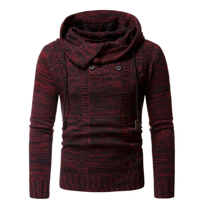 Men's stylish knitted sweater with cozy hood collar and decorative button details Skorter