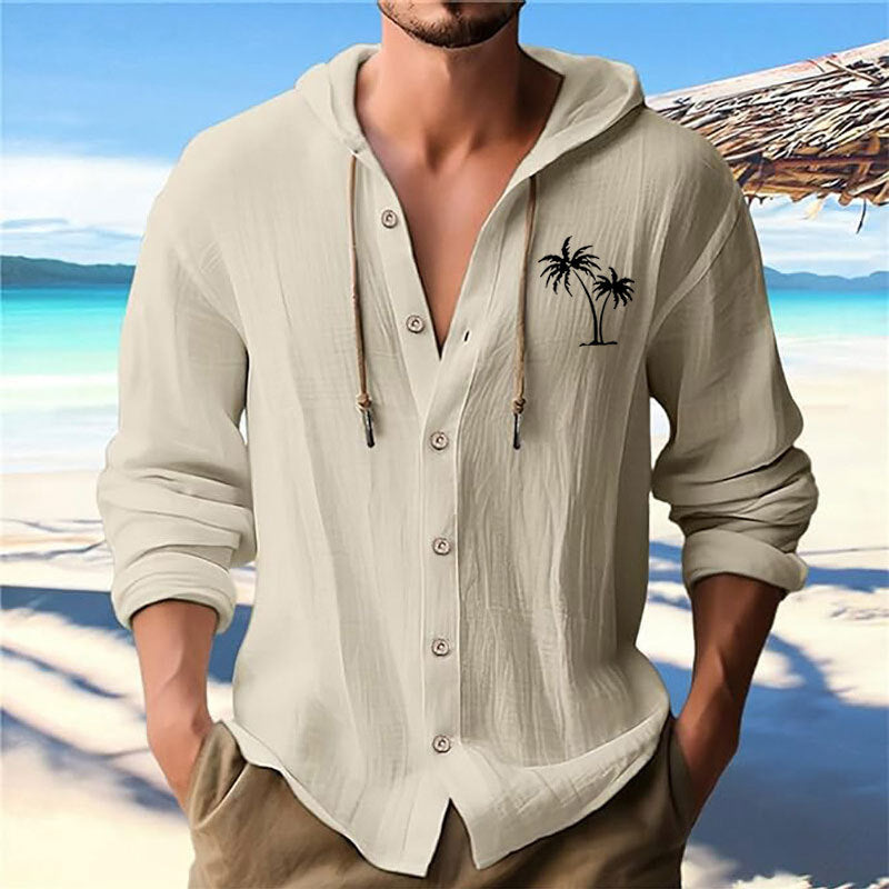 Men's casual hoodie shirt with decorative palm print and button placket Skorter