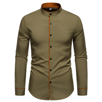Men's long sleeve shirt with modern stand-up collar and embroidered detail Skorter