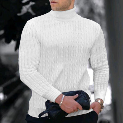 Men's Elegant Knit Sweater with Stand-Up Collar and Fine Cable Knit Pattern Skorter
