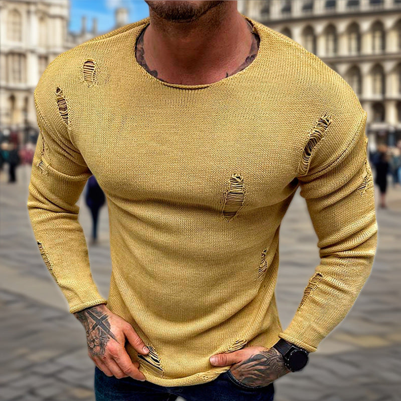 Men's Stylish Round Neck Sweater with Frayed Details Skorter