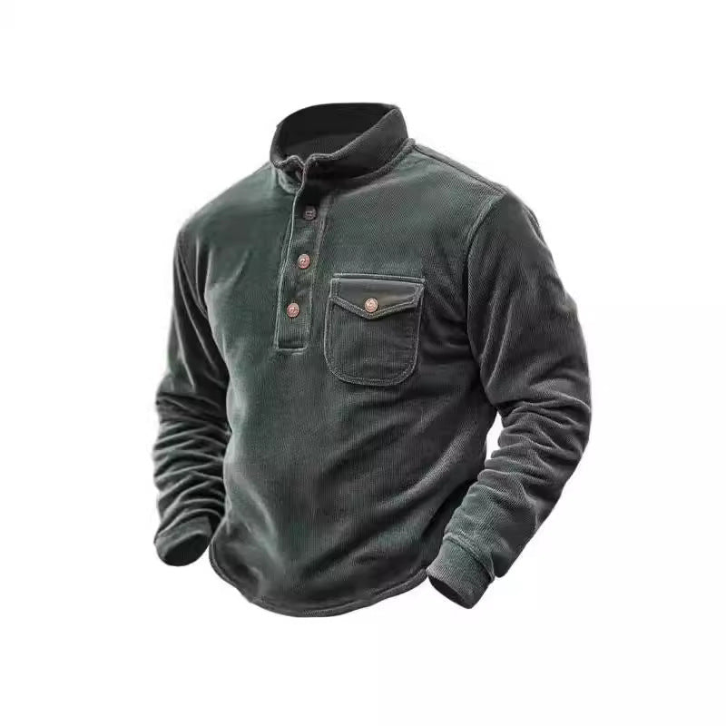 Men's Warm-keeping Cord Sweater with Button Placket and Chest Pocket Skorter