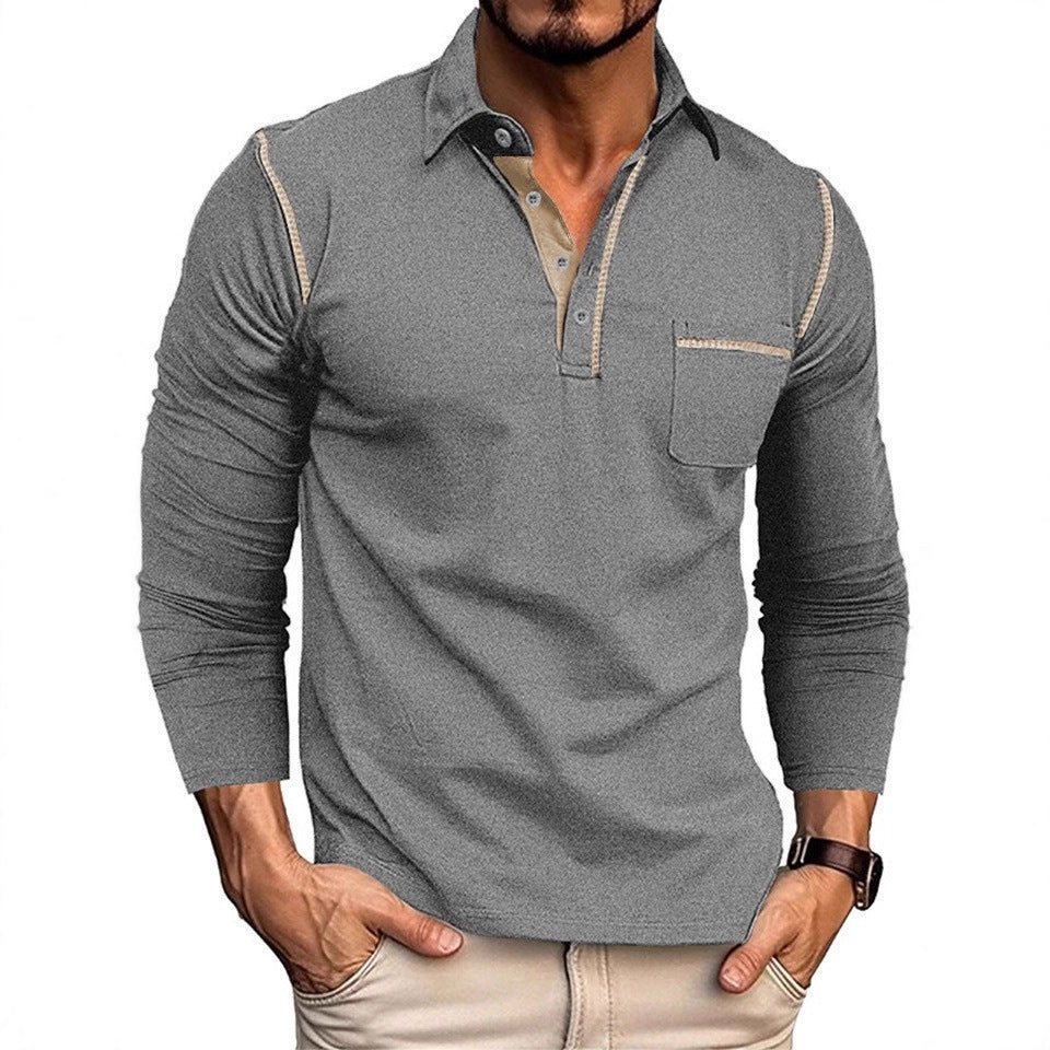 Men's stylish long sleeve polo shirt with practical chest pocket and elegant contrast details Skorter