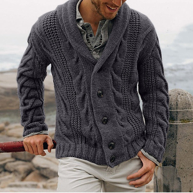 Men's Cardigan with Deep V-Neck and Cable Pattern Skorter