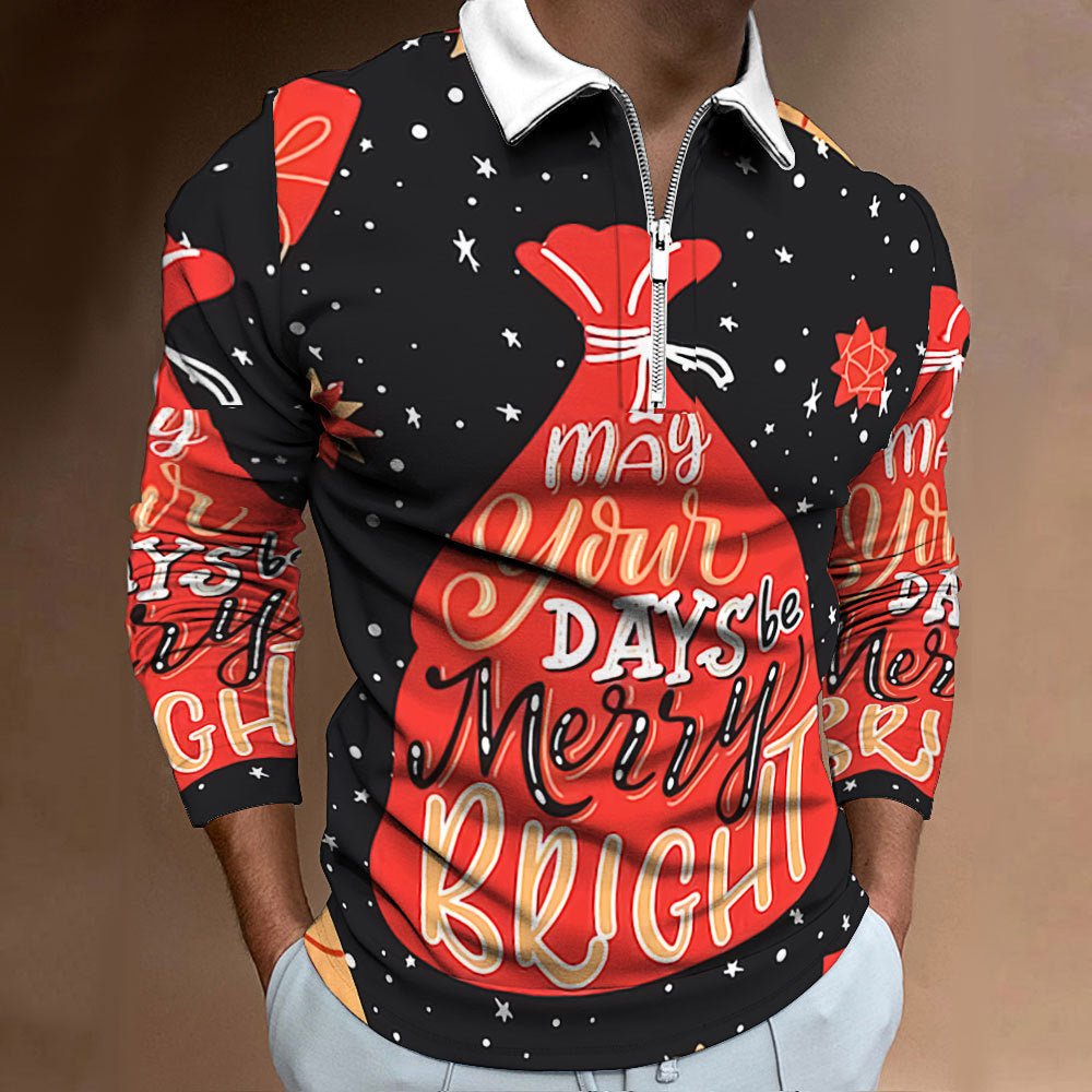 Men's Long Sleeve Polo Shirt with Festive Christmas Motif Skorter