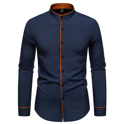 Men's long sleeve shirt with modern stand-up collar and embroidered detail Skorter