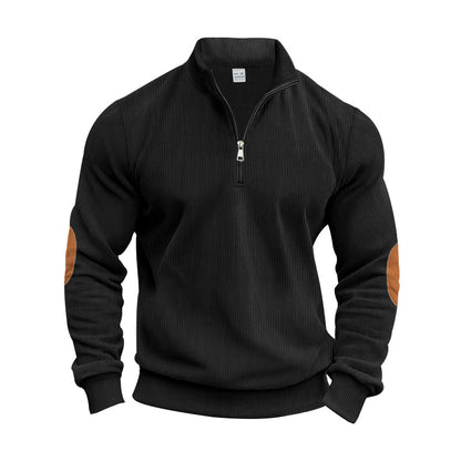 Men's Stand Collar Sweater with Zipper and Fashionable Elbow Patches Skorter