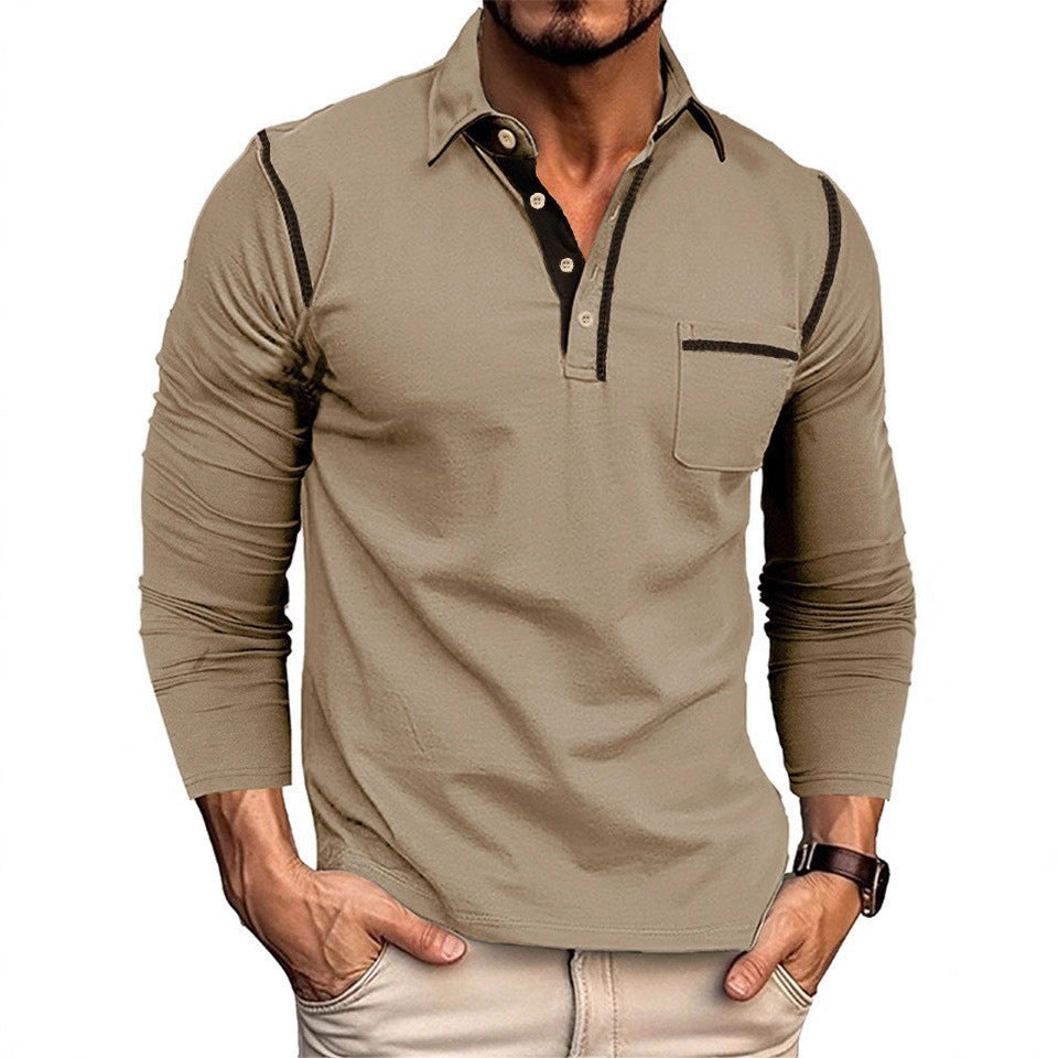 Men's stylish long sleeve polo shirt with practical chest pocket and elegant contrast details Skorter