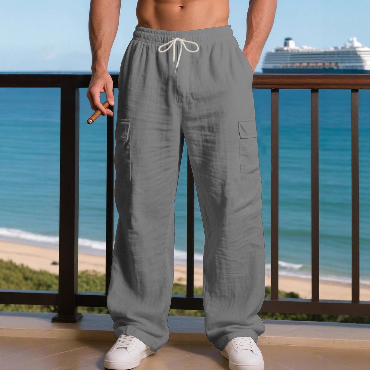 Men's relaxed cargo pants with elastic waistband and practical side pockets Skorter
