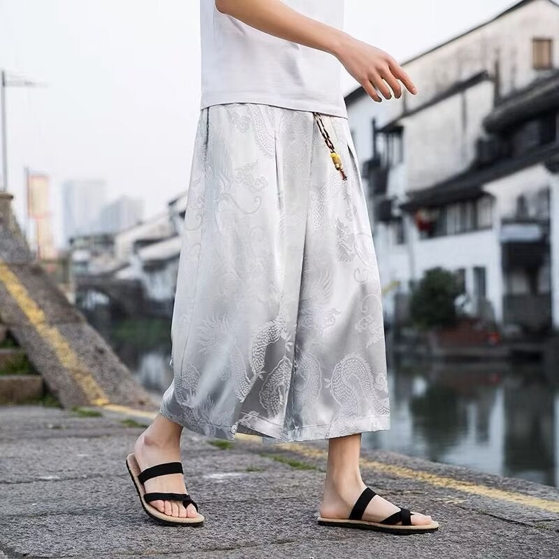 Men's airy harem pants with elegant pattern and elastic waistband Skorter