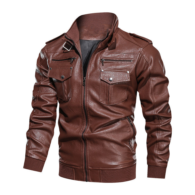Men's Biker Jacket Made Of Artificial Leather with Numerous Pockets and Stand-Up Collar Skorter