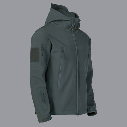 Men's technical softshell jacket with multifunctional pockets and adjustable hood system Skorter